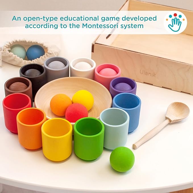 Ulanik Large Balls in Cups Toddler Montessori Toys for 1 Year Old + Kids, Preschool Wooden Matching Games for Learning Color Sorting and Counting - 12 Balls