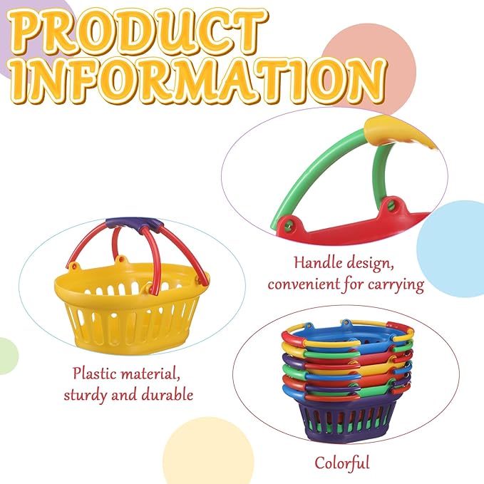 Reallnaive 6 Pack Plastic Small Baskets with Handle Bulk Colorful Picnic Shopping Stack of Baskets for Grocery Storage for Picnic Camping Easter Party Supplies