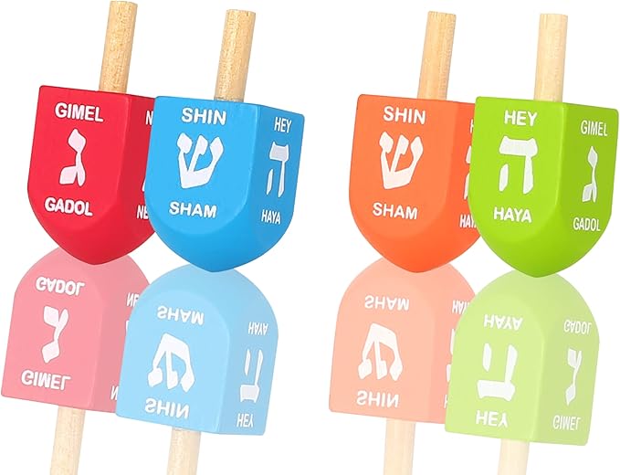 Zion Judaica Colored Wooden Dreidels 1.75" Medium Size Driedel 10 Pack Drydels in a Ziplock Bag Bulk Pack Colorful Dreidels Spinning Tops Chanukah Game Driedels for Kids Traditional Hanukkah Toy