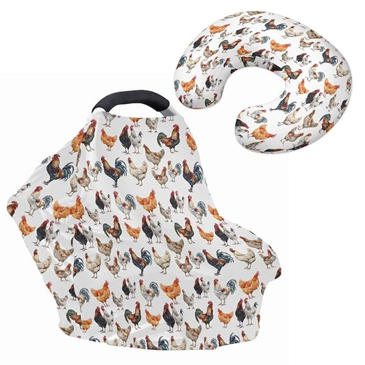 Chickens Carseat Canopy for Babies Colorful Breastfeeding Nursing Pillow Slipcovers Breathable Fits Snug On Infant 2PCS Baby Feeding Essentials