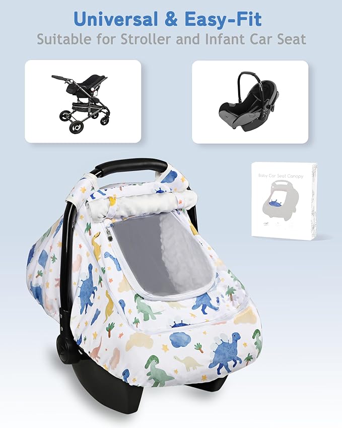Car Seat Cover Baby Boy, Infant Carseat Covers with Mesh, Dual-Layer Protection for Summer Winter, Easy Access Newborn Canopy Breathable, Windproof & Fit Baby Stroller, Dinosaur