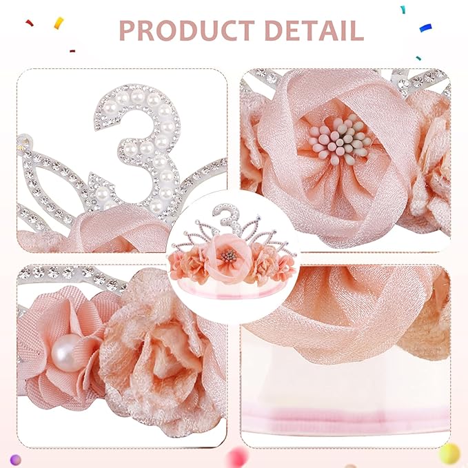 cherrboll Baby Girl Birthday Crown Floral Headband, Soft Flower Head Wrap Tiara Hairband for 1-3 Years Old Toddlers Kids 3rd Birthday Party Dress Photo Decoration