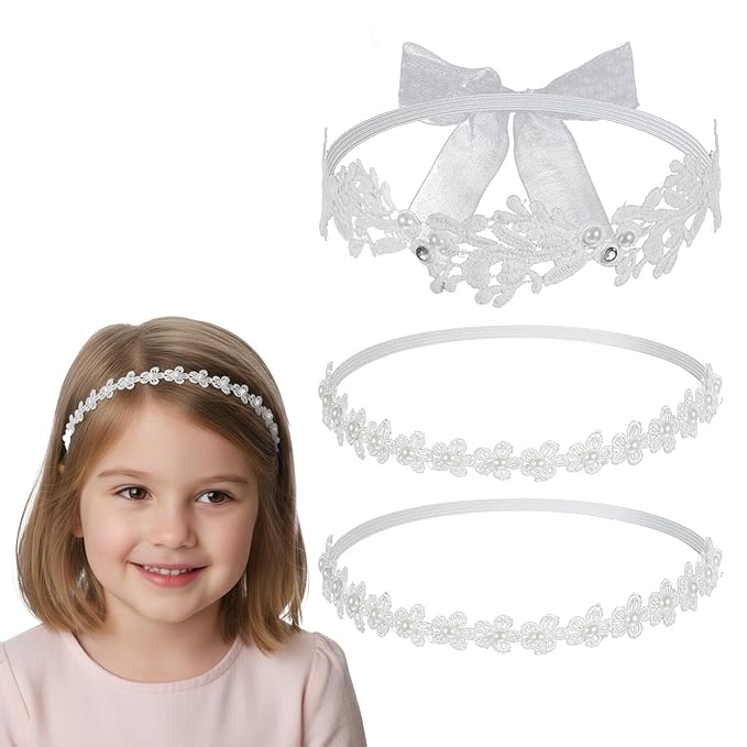 3 Pack White Flower Christening Headbands Elegant Flower Girl Headpiece for Baby Girl Elastic Nylon Soft Lace with Cute Tulle Pearl Hair Strap Baptism Halo Newborns Infants Toddlers 16-24in