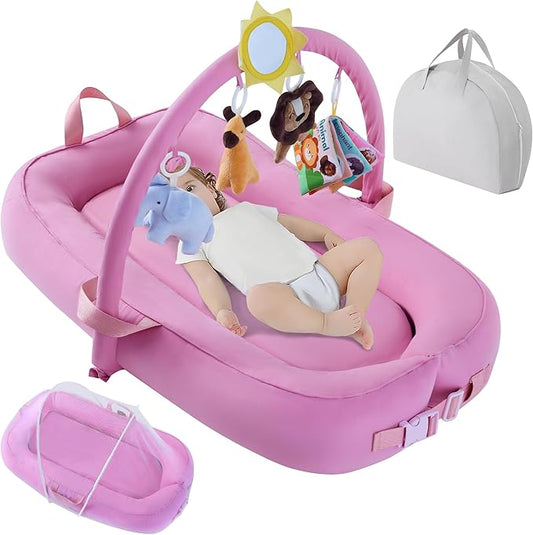 Portable Baby Lounger for Travel,Breathable & Comfortable 100% Cotton Infant Lounger, Baby Nest 0-24 Months Machine-Washable Newborn Lounger,Newborn Essentials,Supervised Use