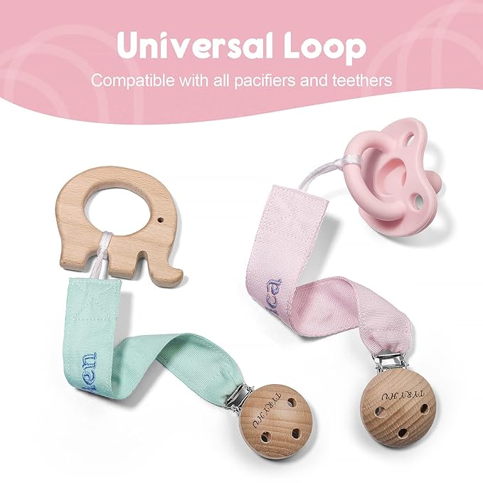 Personalized Pacifier Clip with Name, Customized Soft Webbing Binky Holder for Boys and Girls, Neutral Pacifier Holder Universally Fit All Pacifiers Style, 2 Pack(Pink, Green)