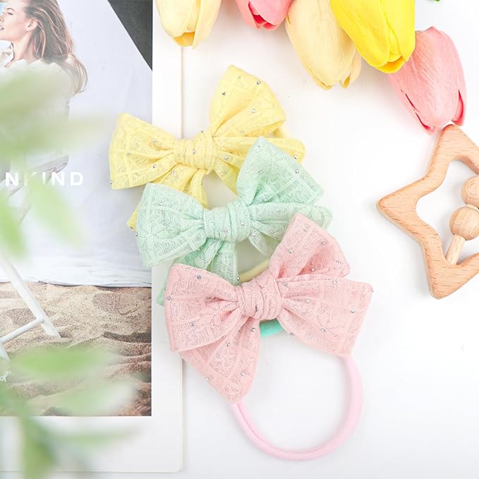 YanJie 3PCS 4’’ Lace Hair Bow for Girls Soft Nylon Baby Headbands Rhinestone Pink Yellow Green Bows Hair Accessories for Newborn Infant Toddler Girl