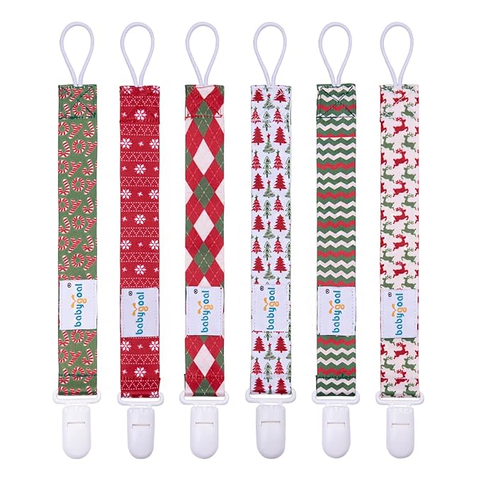 babygoal Christmas Pacifier Clips, 6 Pack Binky Paci Holder and Leash Fits for Most Pacifier, Binkies and Xmas Gift