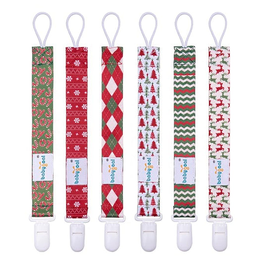 babygoal Christmas Pacifier Clips, 6 Pack Binky Paci Holder and Leash Fits for Most Pacifier, Binkies and Xmas Gift