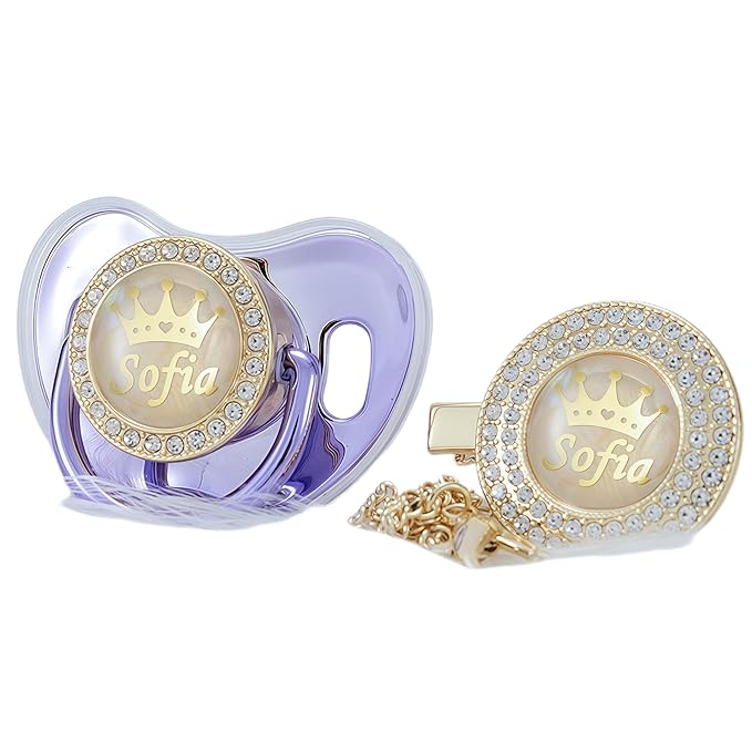 Personalized Name Bling Rose Gold Pacifier and Clip Set Ideal Gift for Baby Shower New Born Photoshoot & Keepsake (Metallic Purple)