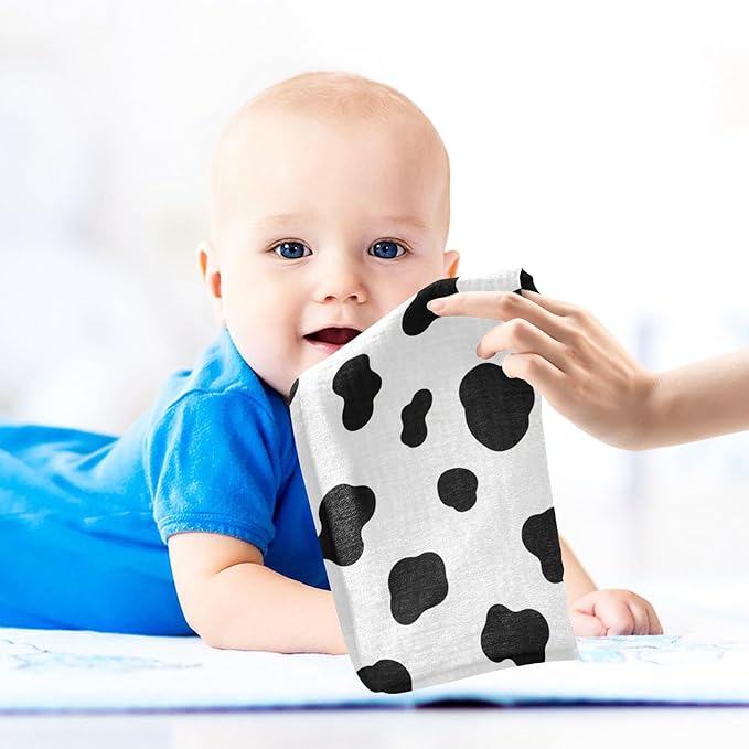 Black White Cow Pattern Baby Muslin Washcloths Burp Cloths Soft Absorbent Baby Wash Cloth Fingertip Face Towels for Newborn Boys Girls 12 x 12 in,3 Pack
