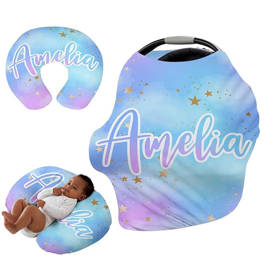 Personalised Car Seat Cover for Girls and Boys - 7 in 1 Multipurpose Breast Feeding Cover, Nursing Cover, Galaxy Star Grocery Cart Cover - Birthday Gift for Babies