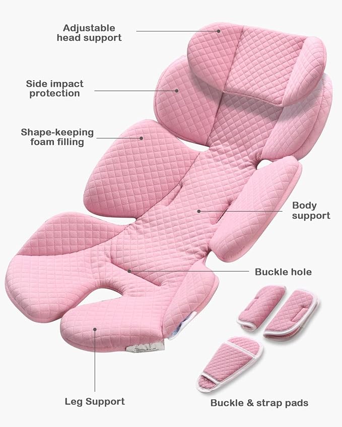 Infant Car Seat Insert Adjustable Head Support for Preemie Newborn Toddler, Reversible Baby Head Body Support Cushion for Carseats and Strollers Side Impact Protection - Pink