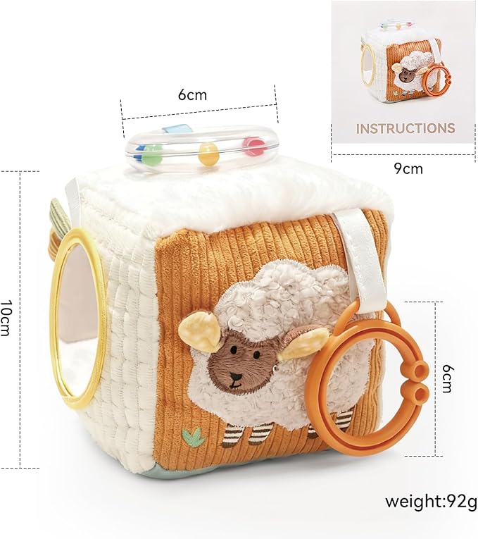 let's make Baby Activity Cube, Farm Soft Block Sensory Toys 6-12 Months with Rattle, 3D Corduroy, Mirror & Travel Clip - Tummy Time Toy Boy Girl Gifts