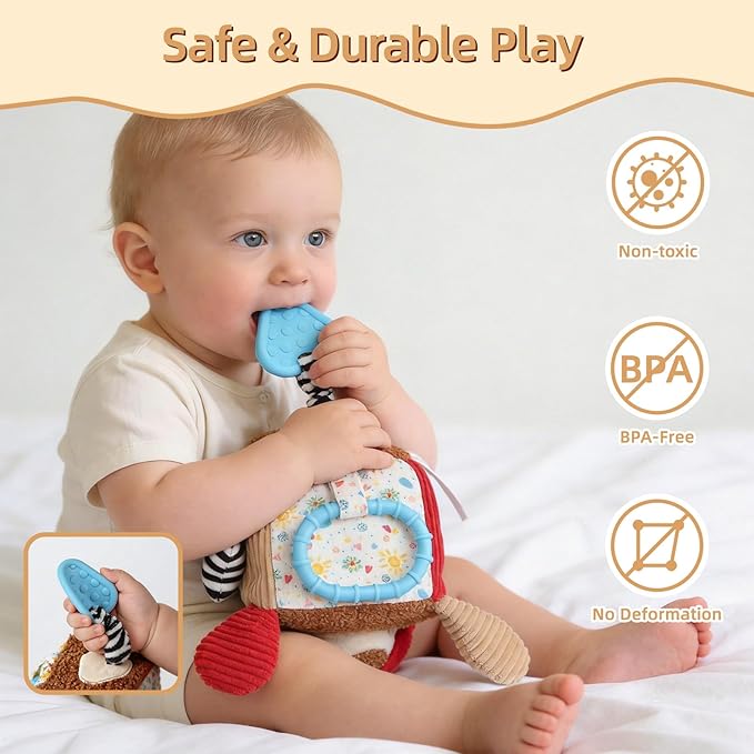 Hanging Baby Toy Cube for Car Seat, Infant Sensory Toys 0-6-12 Month, Montessori Plush Toys for Plane Travel Game Activity with Crinkle, Squeaky, Textures, Mirror Nowborn Baby Boy Girl Gifts