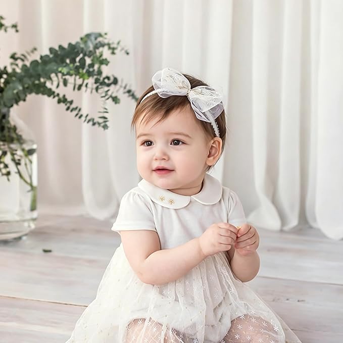 Baby Girls Bow Lace Headband Cute Soft Hairband White Butterfly Knot Headbands for Newborn Infants Toddlers Kids Christening Baptism Birthday Party Hair Accessories（Beige C）