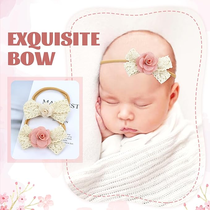 Dizila 6 Pieces Super Soft Stretchy Beige Dusty Pink White Baby Girl Flower Nylon Headbands Lace Floral Bow Headbands Hair Accessories for Newborns Infants Toddlers Girls Kids