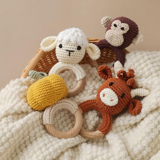 Wooden Baby Rattle, Crochet Lamb Rattle, Newborn Wooden Animal Rattle Toy, Infant Rattle Toys