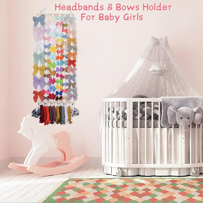 OAOLEER Hair Bow Holder Organizer for Girls Hair Bows,Hair Accessories Headband Organizer Bow Storage Hanger with hook for Baby Girls Wall Hanging Decor for Toddler Girls (White A)