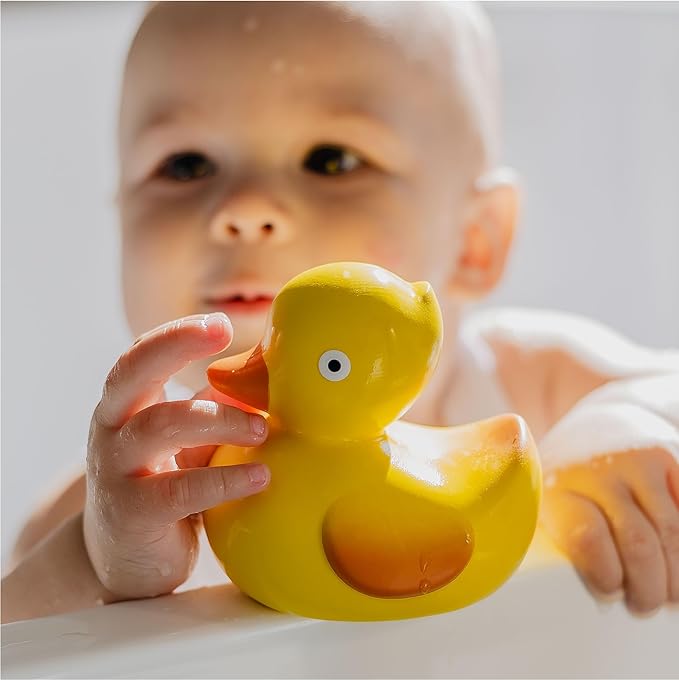 CaaOcho Pure Natural Rubber Bath Toy - Rubber Ducky Lily The Duck Baby Toy - Hole Free Bath Toys, BPA Free Bath Toys for Infants, Without Holes Sealed Natural Rubber Baby Toy