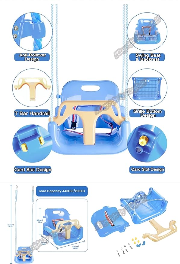 3-in-1 Swing Anti-flip Snug & Detachable for Toddler to Teenager Macarons Color Outdoor Patio Play (Light Blue Chair+Yellow Handrail)
