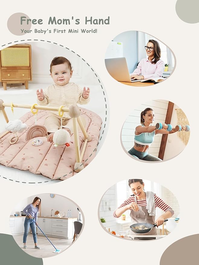 4-in-1 Wooden Baby Play Gym & Activity Mat, Soft Cotton Tummy Time Mat for Babies 0+,with 3 Detachable Toys for Sensory & Motor Skill Development,Newborn Infant Baby Essentials Gift,Blush-Rainbow
