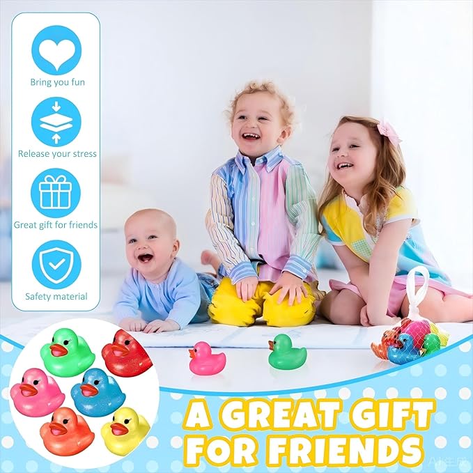 Leitee 24 Pcs Glitter Rubber Duck Assortment Duckies for Kids Colorful Glitter Mini Ducks Neon Color Ducky Bath Toys for Birthday Gifts Baby Shower Decorations Summer Beach Pool Activity Favor 1.6''