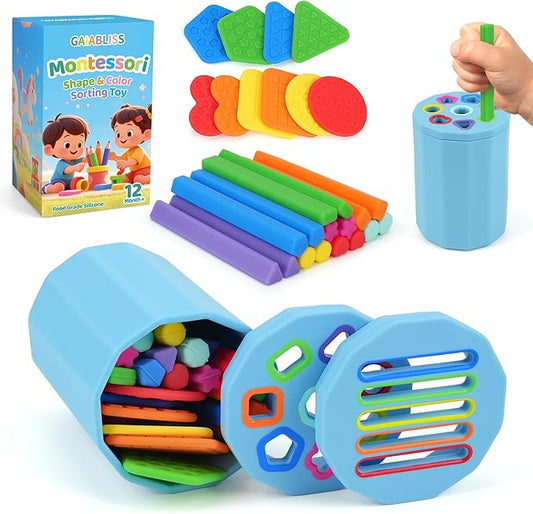 Shape & Color Sorting Montessori Baby Toddler Toys for 1 2 3 Years Boys Girls, Silicone Montessori Toys for 1 Year Old, Fine Motor Skills Sensory Toddlers Toy 1 Year Old Girl and Boy Gift,2 In 1