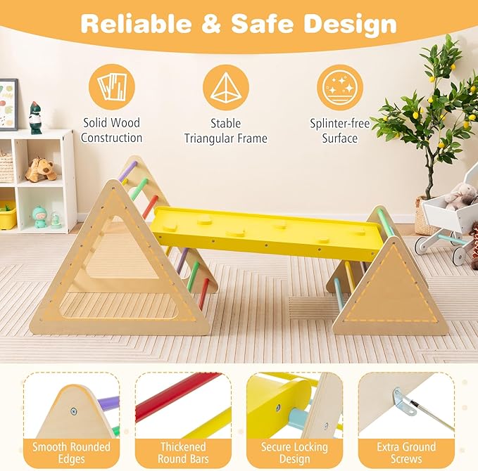 HONEY JOY Pikler Triangle Set, 5 in 1 Montessori Wooden Triangle Climber w/ 2 Stackable Ladders & Climbing Ramp, 3-Piece Baby Indoor Playground Jungle Gym, Climbing Toy for Toddlers, Colorful