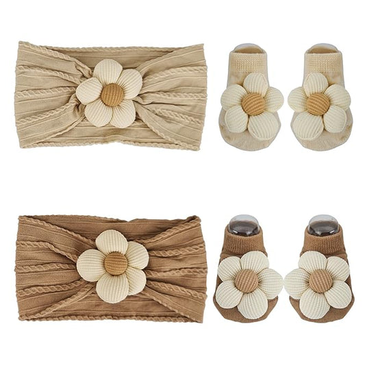 Baby Girl Headbands and Socks Set, Non-Slip Socks with Flower Hairbands, Comfortable Newborn Infant Toddler Accessories (Beige/Brown, 6-12 months)