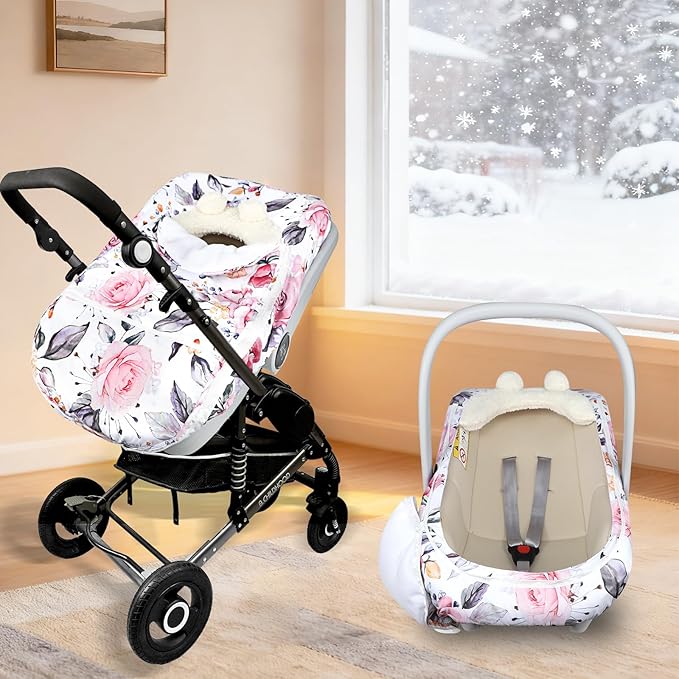 Pea Pod Winter Car Seat Cover for Baby, Infant Car Seat Canopies Cover for Newborn, Warm Plush Fleece Inner Protect Baby from Cold Wind, Stylish Floral