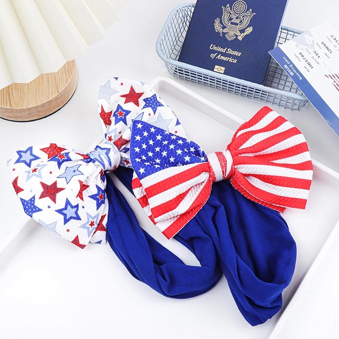 American Flag Headband with Red, White and Blue Patriotic Star Bows - Nylon Hairband for Girls and 4th July Accessories