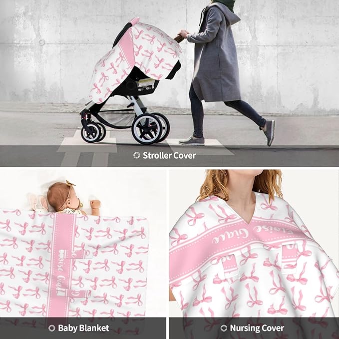Personalized Baby Car Seat Canopy with Name – Custom Pink Bow Minky Nursing Cover for Girls, Soft Stroller Cover for Infants & Newborns, Carseat Canopy for Breastfeeding