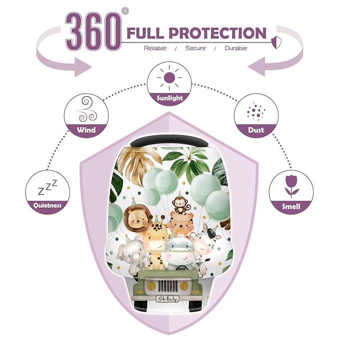 Baby Car Seat Stroller Covers Cute Animals Jungle Greenery Nursing Cover Breastfeeding Scarf Soft Breathable Stretchy Coverage Carseat Canopy Cover for Boys and Girls Soft Breathable Multi Use