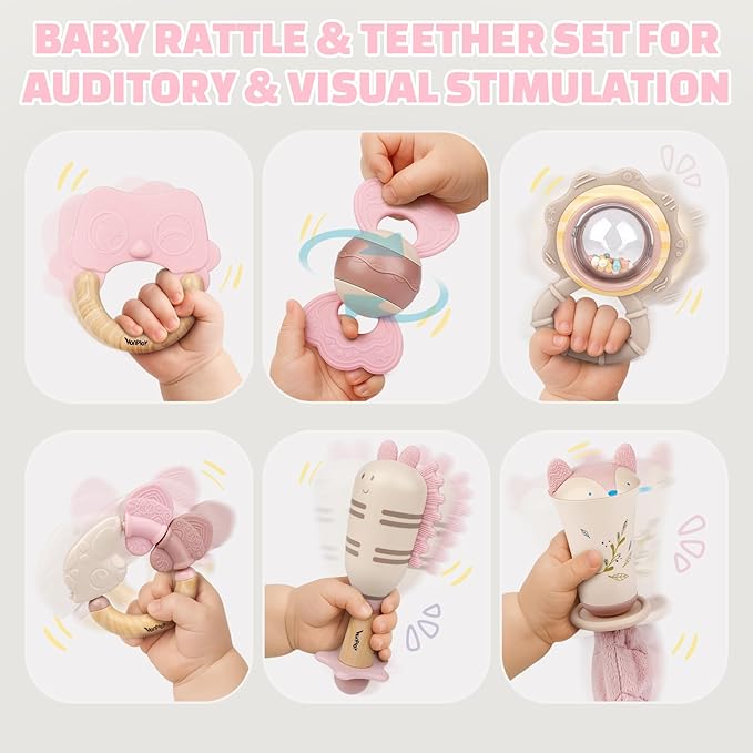 Baby Toys 0-6 Months, Baby Rattles, Teething Toys 3-6 Months, Infant Toys 6-12 Months, 10PCS Pink Sensory Rattles & Teethers with Storage Box, Newborn Shower Gift Girl