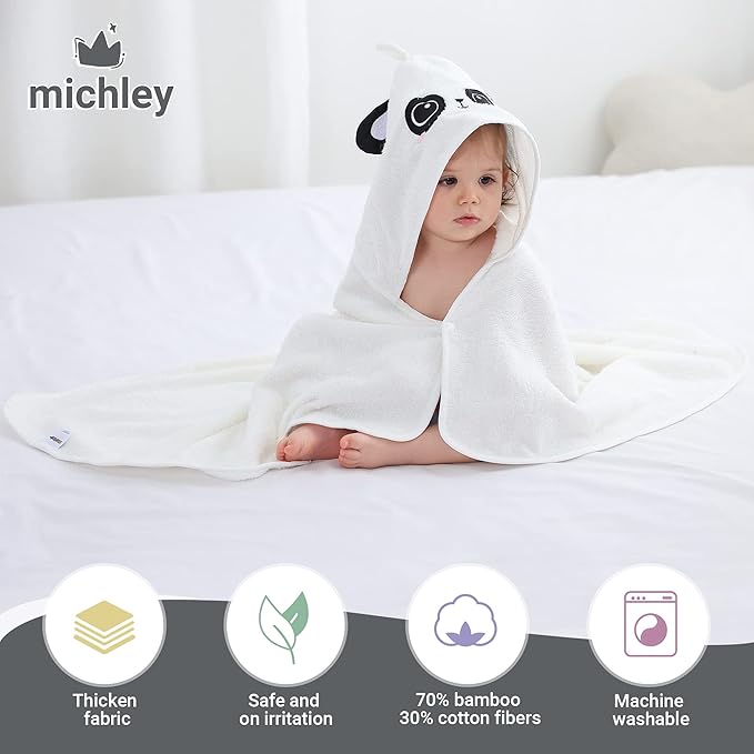 MICHLEY Bamboo Viscose Baby Hooded Bath Towel for 0-5 Years Boys and Girls, 29.5 x 39.5 Inch Ultra-Soft and Quick-drying Infant Bath (Panda)