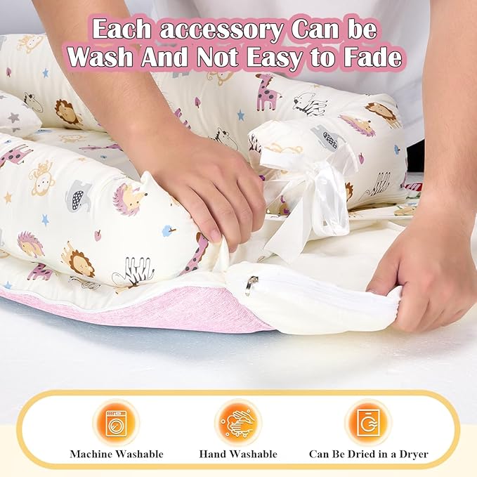 Baby Lounger for Newborn, Portable Infant Lounger for 0-24 Months Newborn, Home Travel Dual-Purpose Baby Nest (Animal World Pink)