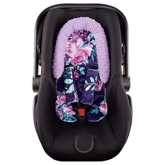 Baby Car Seat Head Support for Girls, Infant Carseat Insert Super Soft Fleece Newborn Headrest Seatbelt Covers for Car Seat, Stroller, Bouncer, Purple Flower