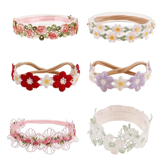 cherrboll Baby Flower Bows Headbands 6pcs Floral Hair Wraps Nylon Hairbands Crown Newborn Infant Toddler Hair Accessories