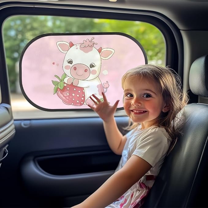 Bulopur Strawberry Cow 2 PCS Car Shades Back Windows Baby Easy to Install Car Window Shade Baby Car Seat Sun Protection Cute Design Universal Fit Mesh Car Window Shades