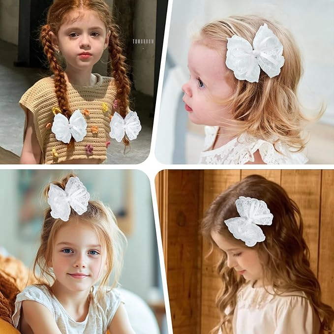 2pcs white hair bow clips for girls. White lace bow with hair ribbon, fully lined alligator clips. Handmade hair accessories for girls.