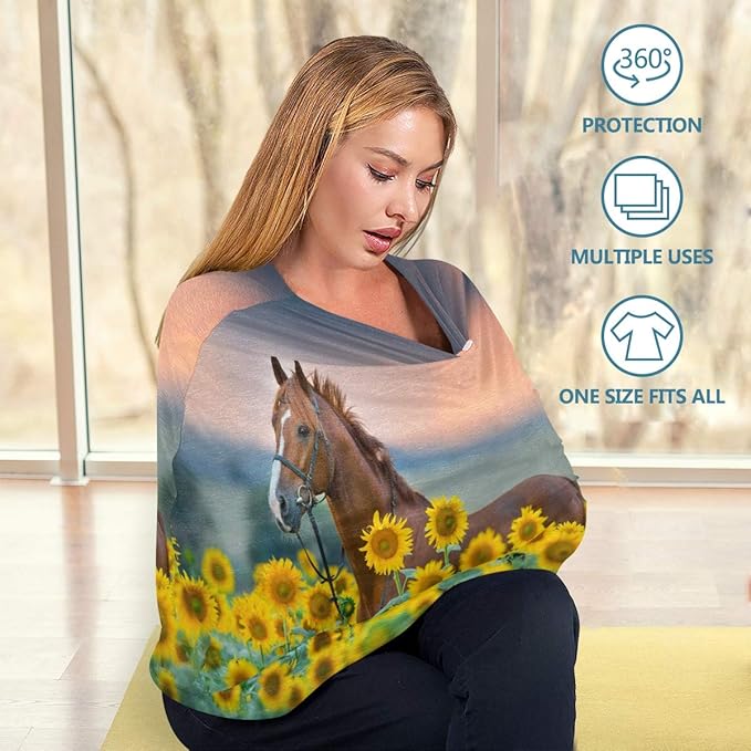 Horse Sunflowers Baby Car Seat Covers, Nursing Cover Breastfeeding Scarf Soft Breathable Stretchy Coverage, Infant Stroller Cover for Boys Girls
