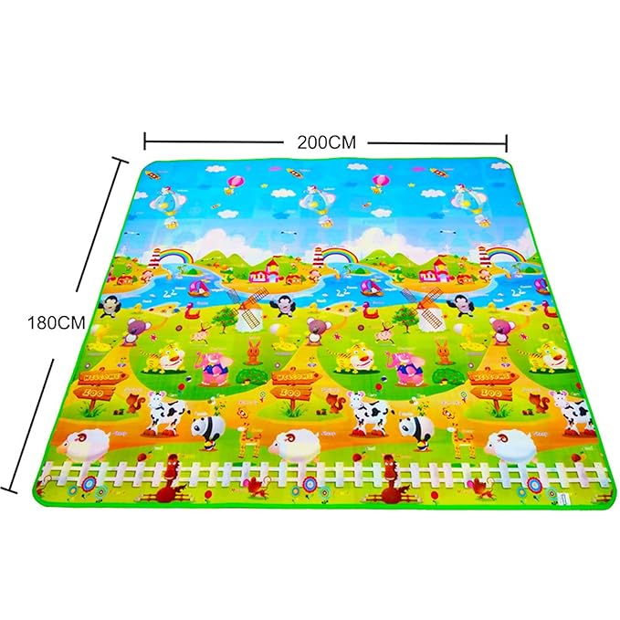 Reversible Baby Crawling Mat 2 * 1.8m/6.6 * 5.9ft, Extra Large Antislip Baby Crawling Mat Foldable Washable Farm Pattern Large Baby Play Mat for Floor Infant 0.3cm / 0.1in