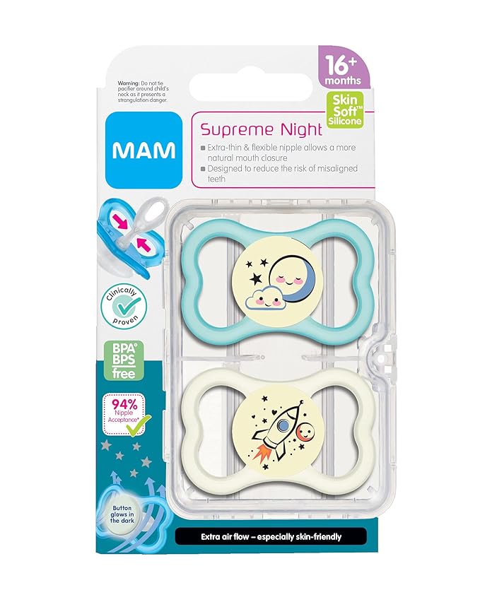 MAM Air Day & Night Baby Pacifier, for Sensitive Skin, Glows in The Dark & Supreme Night Pacifiers (2 Pack, 1 Sterilizing Pacifier Case)