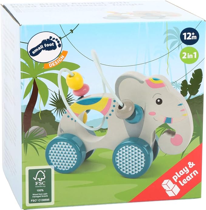 Small Foot Wooden Toys Push-Along Elephant with an Activity Loop & Beads Designed For Children 12+ Months