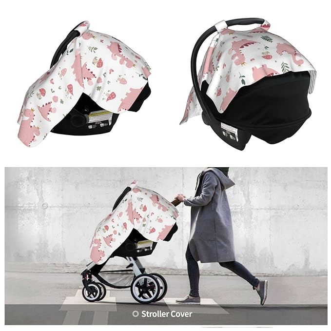 Cute Pastel Pink Dinosaurs Baby Car Seat Canopy Nursing for Breastfeeding Multi-Use Infant Stretchy Carrier Carseat Winter Cover for Newborn Girls Boys