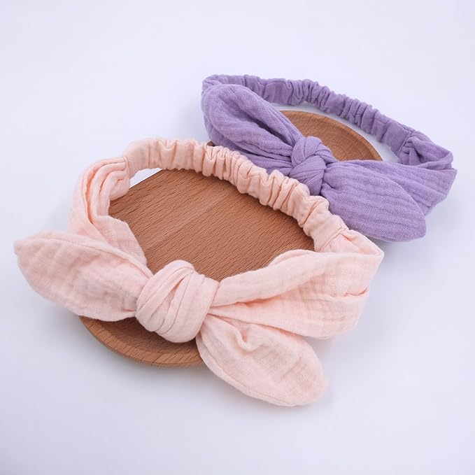 Sugarmelon Original Cotton Gauze Headband for Newborn Toddler Infant Baby Girl Kids Muslin Cotton Hair Bow Headbands Turban Elastic Hair Bands (2 pcs Light Pink)