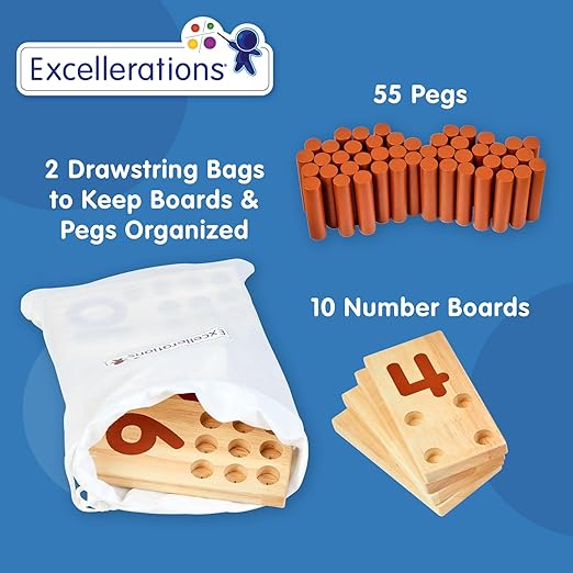 Excellerations Peg Number Board, Included: 10 Rubberwood Boards + 55 Wood Pegs + Storage Bag, Montessori Math Materials, Learning Manipulatives, Counting for Kids, Reggio Emilia Classroom Essentials