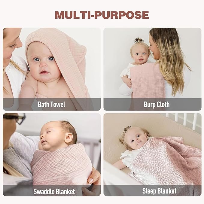 Cinaci 1pc Soft & Absorbent 100% Muslin Cotton Baby Hooded Bath Towel for Baby Girls Boys Newborns Infants Toddlers Kids (Pink)