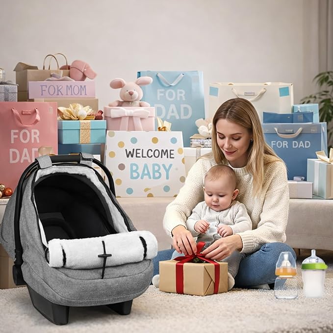 Winter Car Seat Cover for Baby, Waterproof Infant Carseat Cover with Warm Plush Lining & Dual Zippers, Universal Carseat Cover Baby Winter Protector with Ventilation and Windproof Design (Gray)