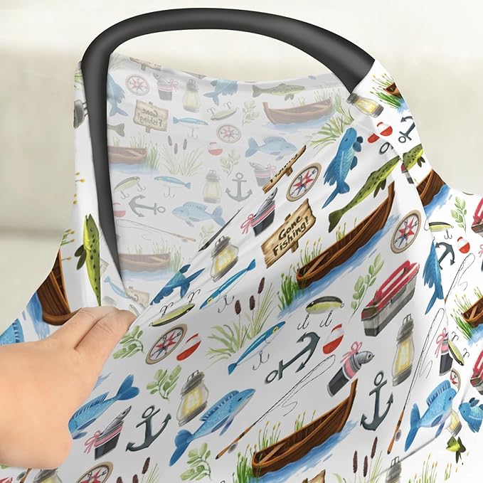 Gone Fishing Baby Car Seat Covers Fishing Lover Gift Stretchy 5-in-1 Cover Adjustable Car Canopy Cover Camping Adventure Vacation Outdoors Breathable Nursing Cover-Up